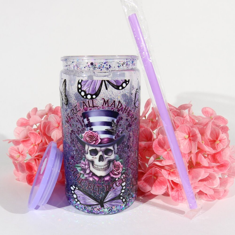 16oz Skeleton Custom Acrylic Snow Globe with Multi-Color Holographic Glitter Cup - Picture 1 of 8